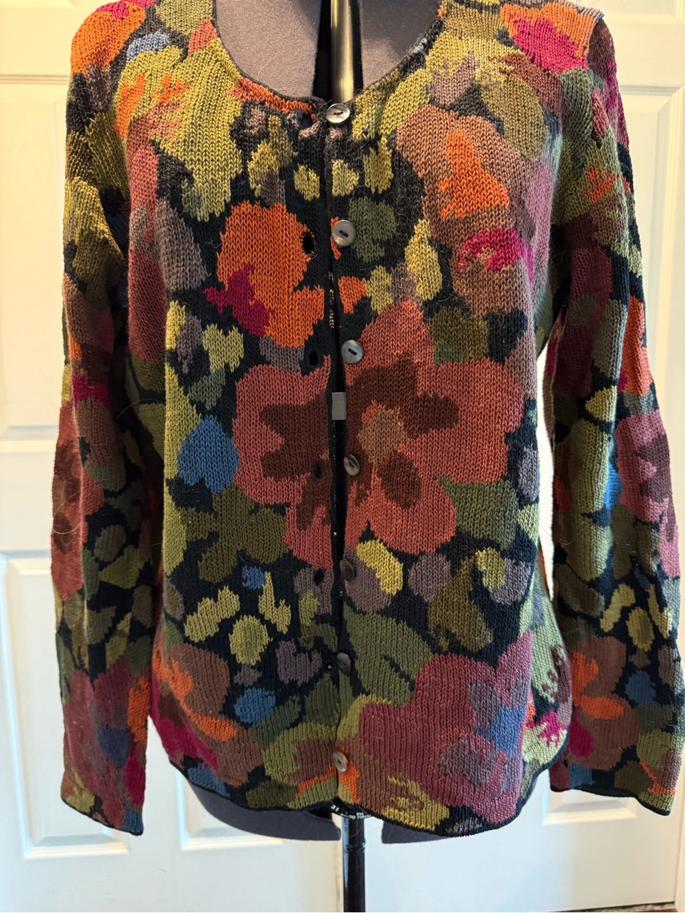 Peruvian Connection Olive Multi-Color Floral Knit Cardigan